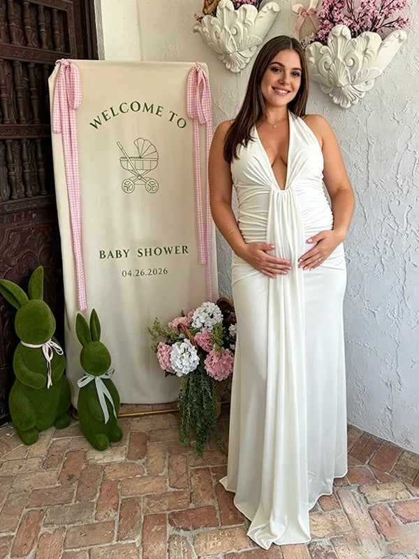 Momyknows Halter V-neck Ruched Lace Up Maternity Baby Shower Maxi Dress