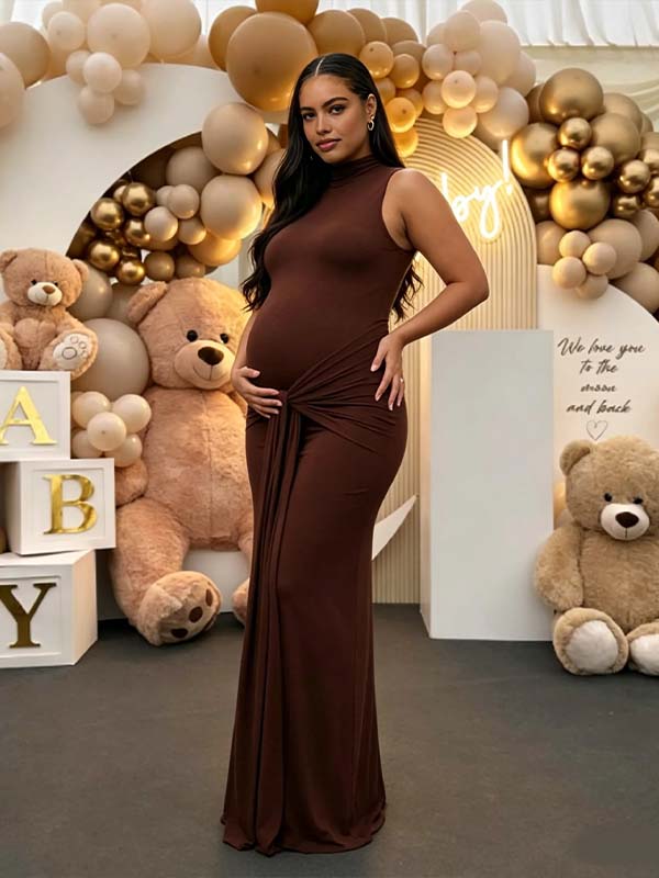 Momyknows Brown Ruched Draped High Neck Sleeveless Bodycon Baby Shower Maternity Maxi Dress