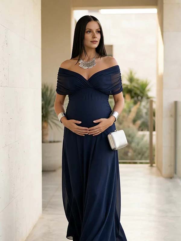 Momyknows Chic Dark Blue Grenadine Ruched Off Shoulder Flowy Baby Shower  Maternity Maxi Dress