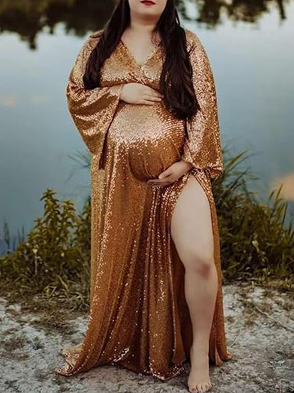 Golden Sequin Side Slit Flare Sleeve Maternity Photoshoot Maxi Dress