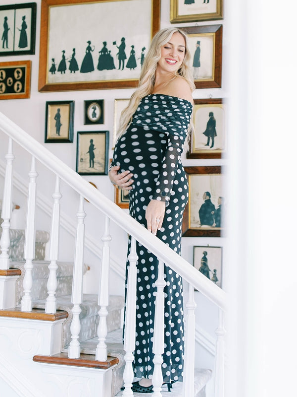 Momyknows Black And White Polka Dot Off Shoulder Ruched Bodycon Elegant Going Out Cocktail Maternity Photoshoot Maxi Dress