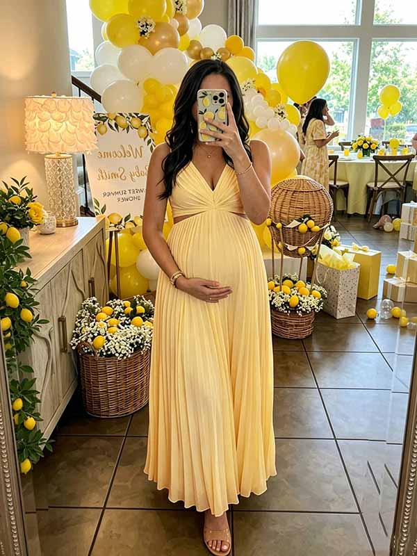 yellow dress maternity Oyang Women's Short Sleeve Smocked Crew Neck Casual Tiered Midi Dress Baby Shower Photoshoot 2XL Sleek and fitted maxi dress in a luxuriously soft premium knit Silky Maternity Dress for Photoshoot-gold