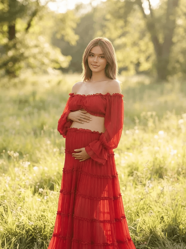 Momyknows Elegant Red Ruffle Off Shoulder Flowy Falbala 2-in-1 Photoshoot Maternity Maxi Dress, Red / L