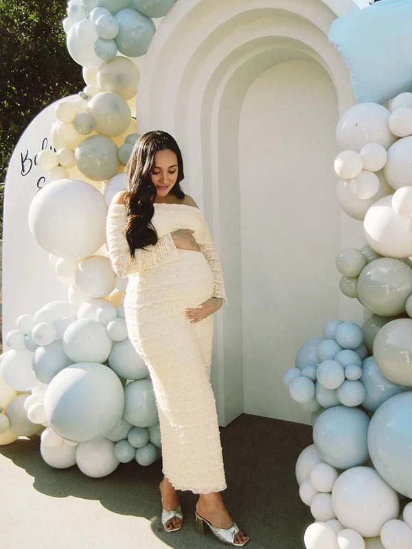 Momyknows White Lace Off Shoulder Ruffle Falbala Bodycon Elegant Maternity Baby Shower Maxi Dress Beige / M Momyknows White Lace Off Shoulder Ruffle Falbala Bodycon Elegant Maternity Baby Shower Maxi Dress Beige / M
