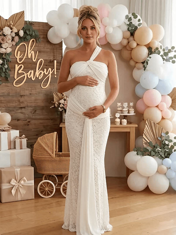 Momyknows White Lace One Shoulder Ruched Draped Bodycon Elegant Maternity Maxi Dress, White / M