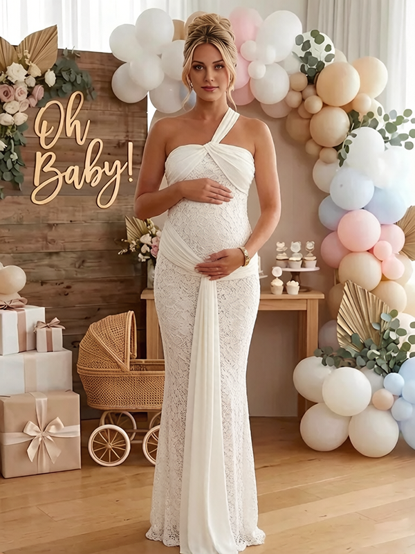 Momyknows White Lace One Shoulder Ruched Draped Bodycon Elegant Maternity Maxi Dress White / M