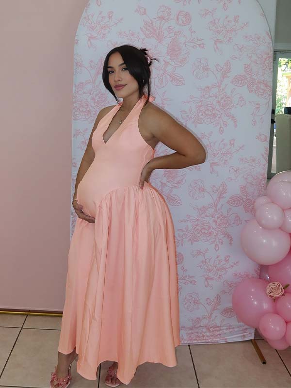 Momyknows Halter Neck Deep V-neck Flowy Baby Shower Maternity Maxi Dress