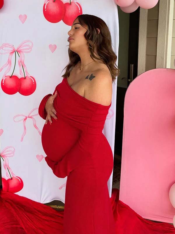 Momyknows Red Off Shoulder Open Back Bodycon Maternity Baby Shower Maxi Dress
