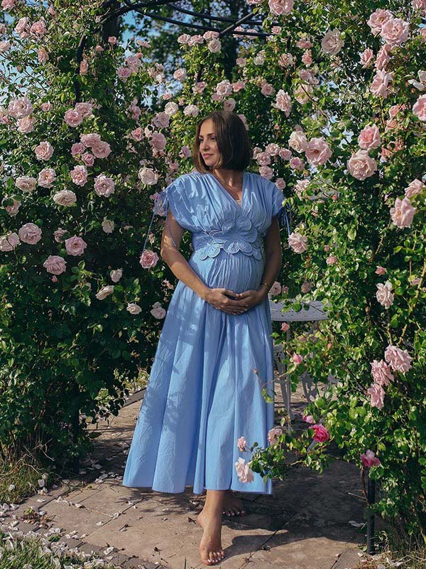 Family Vacation Maxi Dress For Family Photos Momyknows Blue 3D Flowers Fleated Drawstring Big Swing Deep Family Vacation Maxi Dress For Family Photos Momyknows Blue 3D Flowers Fleated Drawstring Big Swing Deep