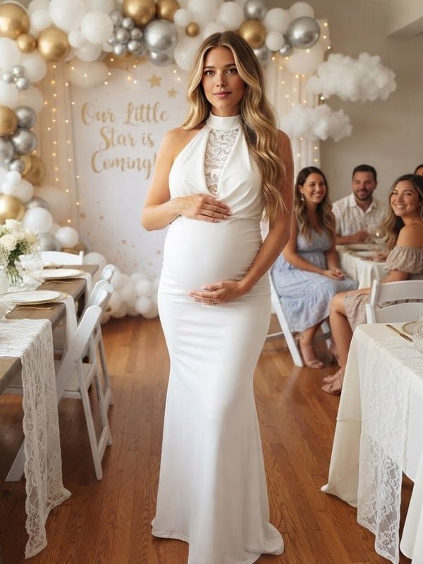 white maxi dress for pregnant Momyknows Halter Neck Lace Backless Lace Up Maternity Baby Shower subcategory2:Costumes Gwen Black Double-Breasted Dress Size:2XL/Fit Waist 31.5