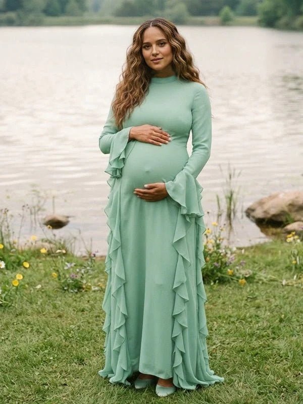 Momyknows Ruffle Flare Sleeve Big Swing Maternity Photoshoot Maxi Dress, Apricot / M