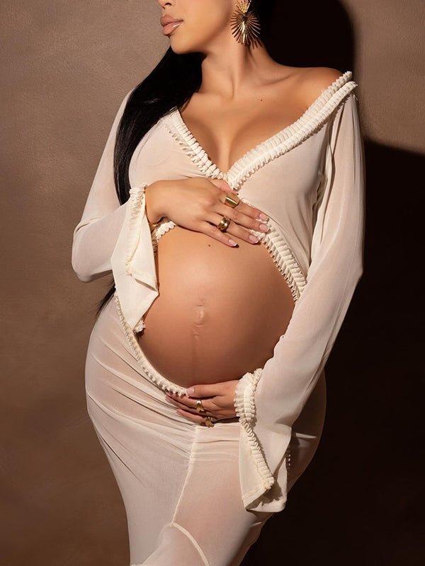 Momyknows White Ruffle Cut Out Crop Irregular Split Sheer Vacation Dress Bodycon Photoshoot Maternity Maxi Dress