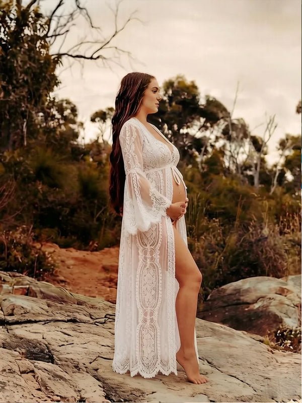 Momyknows White Boho Lace Cover-Up Bikini Smock Maternity Photoshoot Midi Dress