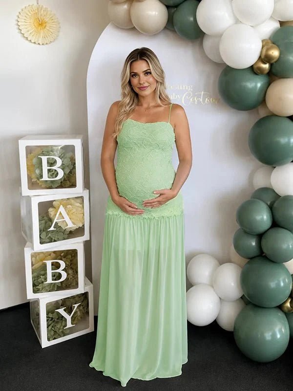 green lace maternity dress Momyknows Elegant 3D Flowers Spaghetti Strap Baby Shower Maxi Photoshoot maxi
