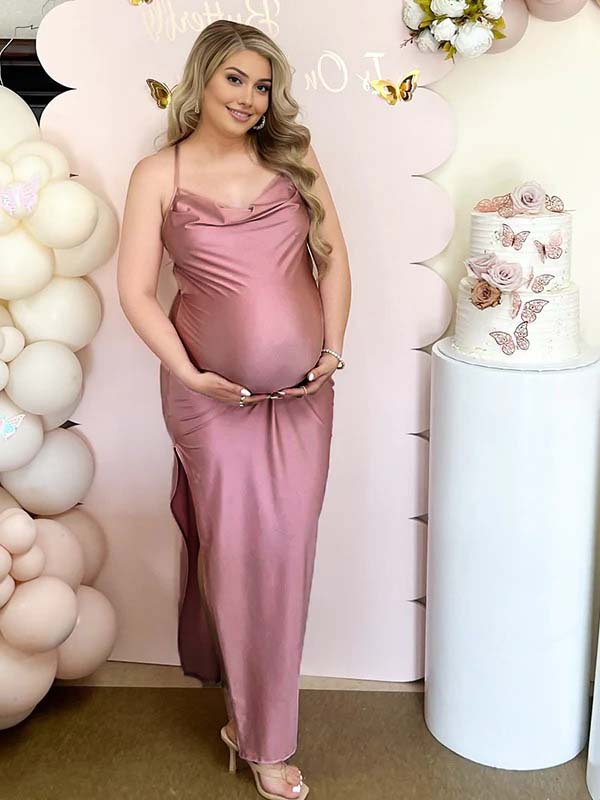 Momyknows Pink Spaghetti Strap Side Slit Maternity Baby Shower Maxi Dress