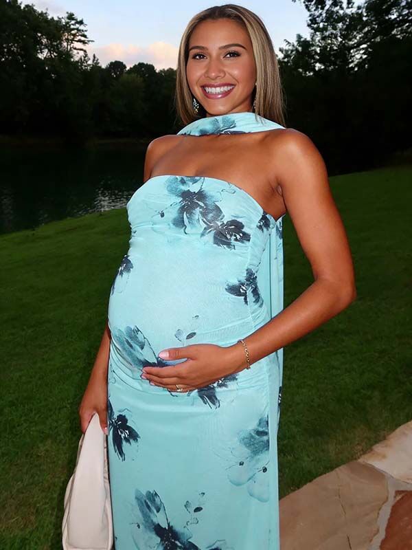 bandeau mermaid dress Momyknows Lake Blue Flowers Ribbons Bandeau Mermaid Baby Shower Maternity Maxi Dress Lake Blue / M