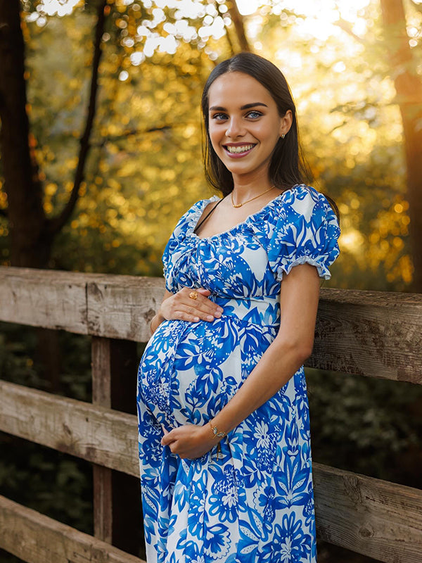 blue smocked maternity dress Momyknows Blue Smocked Prin Lace Up Maternity Photoshoot Maxi Dress
