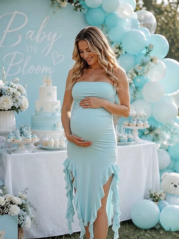 Momyknows Elegant Blue Bandeau Bodycon Falbala Baby Shower Maternity Maxi Dress, Blue / L