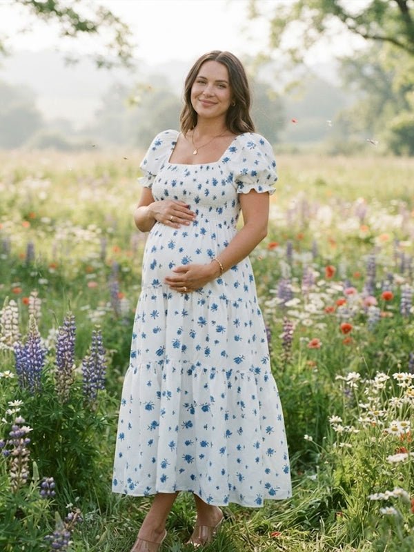 Momyknows Smocked Print Big Swing Backless Maternity Photoshoot Midi Dress, Blue / L