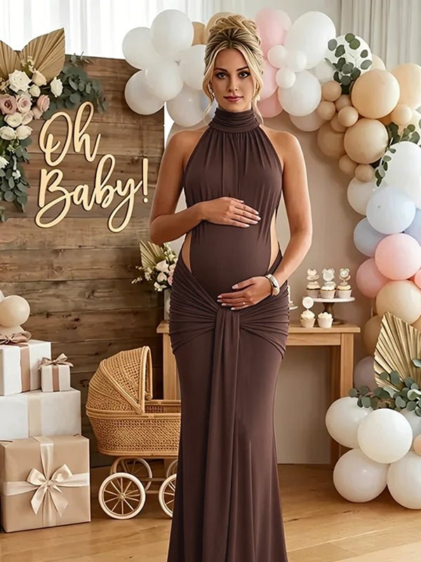 Momyknows Ruched Bowknot Draped High Neck Backless Bodycon Elegant Maternity Baby Shower Maxi Dress, Brown / S