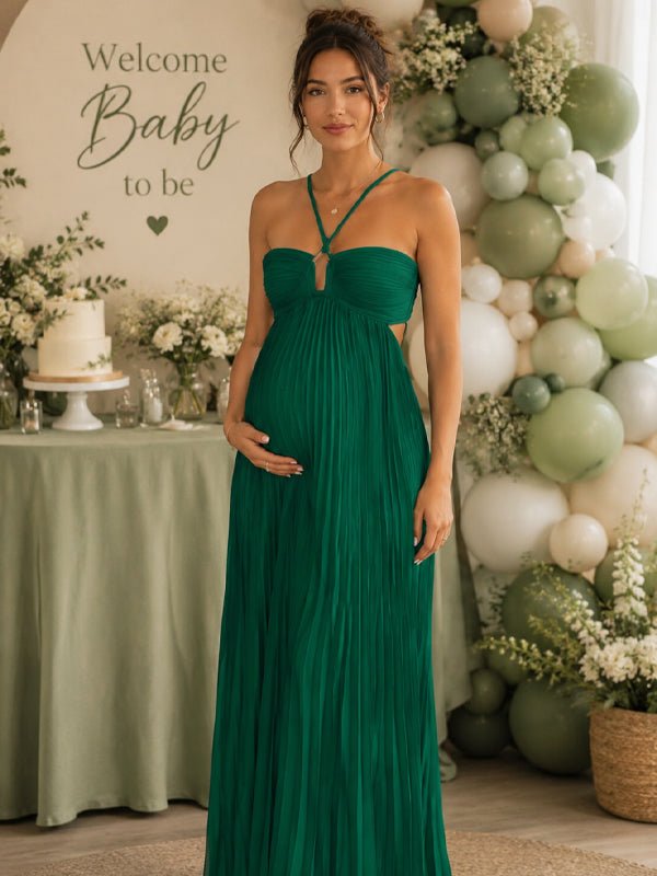 Momyknows Green Bodycon Lace-Up Open Back Ruched Dress Baby Shower Maxi Dress