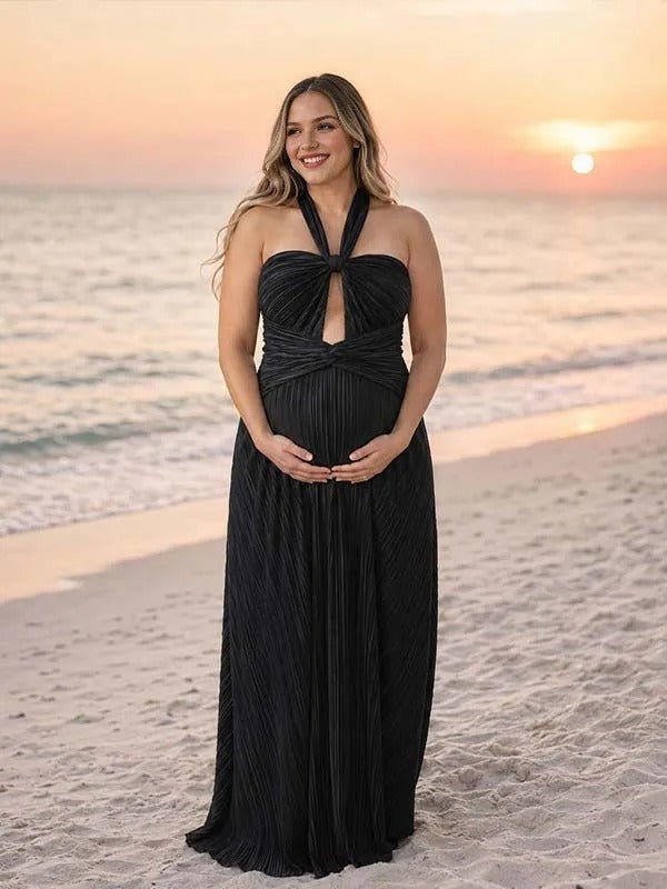 Momyknows Black Ruffle Halter Neck Lace-up Smocked Big Swing Maternity Photoshoot Maxi Dress