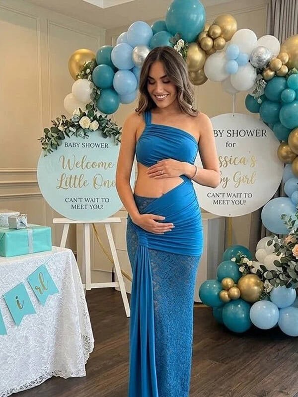Momyknows Lace Patchwork One Shoulder Ruched Cut Out Draped Maternity Baby Shower Maxi Dress, Blue / L