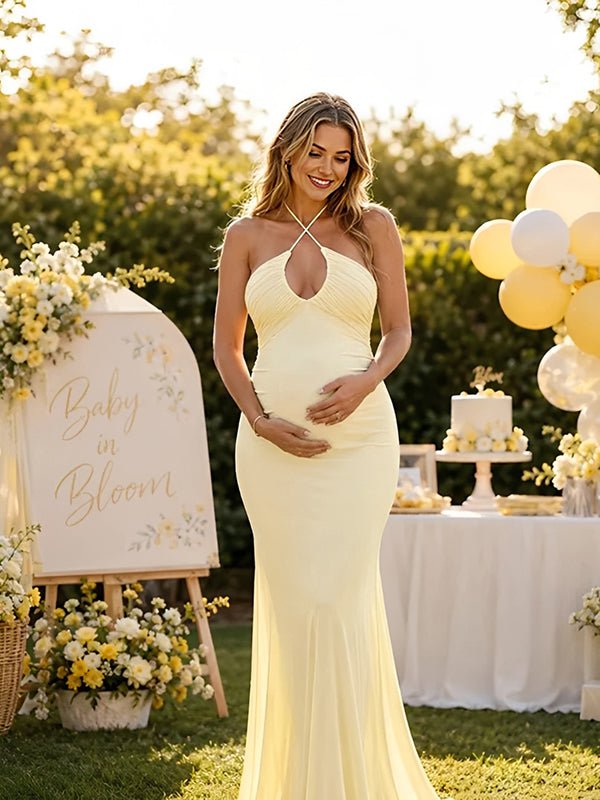 yellow baby shower dress Momyknows Elegant Halter Neck Lace Up Backless Maternity Maxi Black Dress Plain Elegant size:XL Beautiful maternity dress for grin_uk_elevatedbasics_july_2026