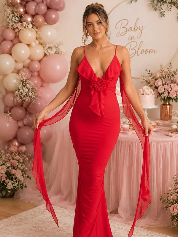 Momyknows Open Back Deep V Mermaid Ribbon Ruched Bodycon Grenadine Baby Shower Maxi Dress