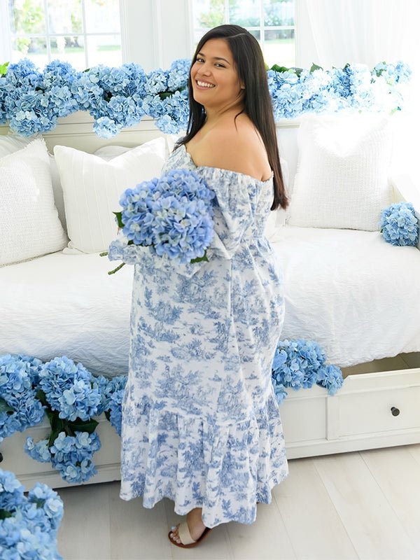 Momyknows Blue Floral Ruched Plus Size Baby Shower Maternity Maxi Dress, Blue / XL