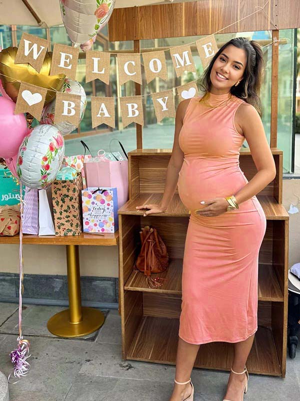 Momyknows Pink High Neck Sleeveless Elegant Maternity Baby Shower Midi Dress