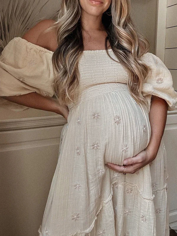 Momyknows Apricot Daisy Print Smocked Off Shoulder Ruffle Big Swing Elegant Vacation Maternity Photoshoot Baby Shower Party Maxi Dress