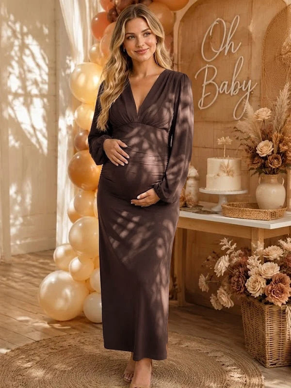maternity maxi bodycon dress Momyknows Coffee Elegant Ruffle Baby Shower Dress, Coffee / L Baby shower dresses Style NPU-Dorie-202544 Black Tie Wedding Guest Choose Size:EU 44 - US 14 - Waist 85-89 cm - Chest 102-106 cm