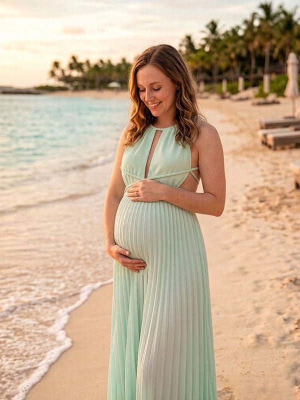 Momyknows Chic Light Green Backless Halter Neck Lace-Up A-Line Photoshoot Vacation Maternity Maxi Dress, Light Green / S