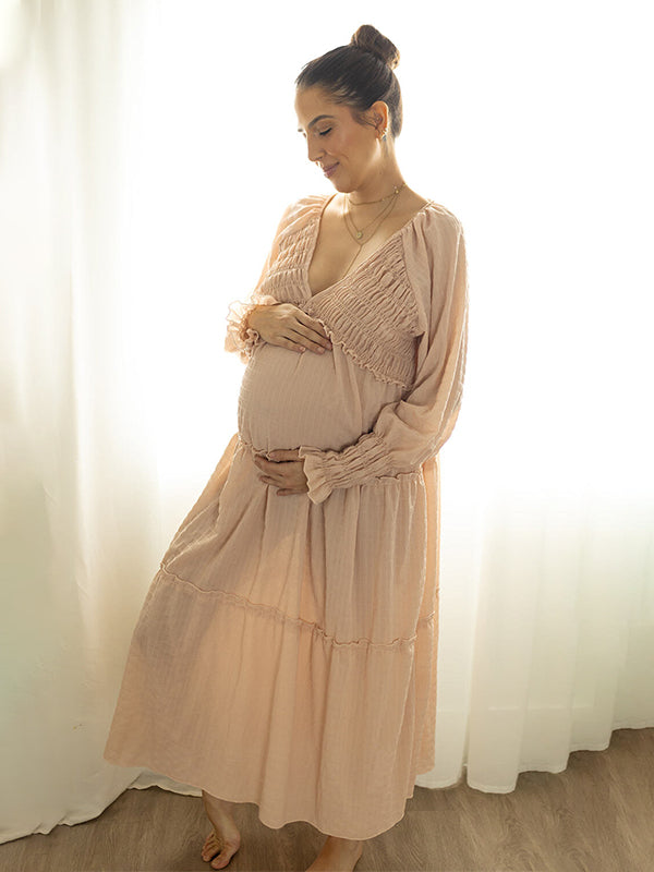Momyknows Layered Ruffle Falbala Big Swing Elegant Baby Moon Beach Boho Maternity Photoshoot Baby Shower Maxi Dress