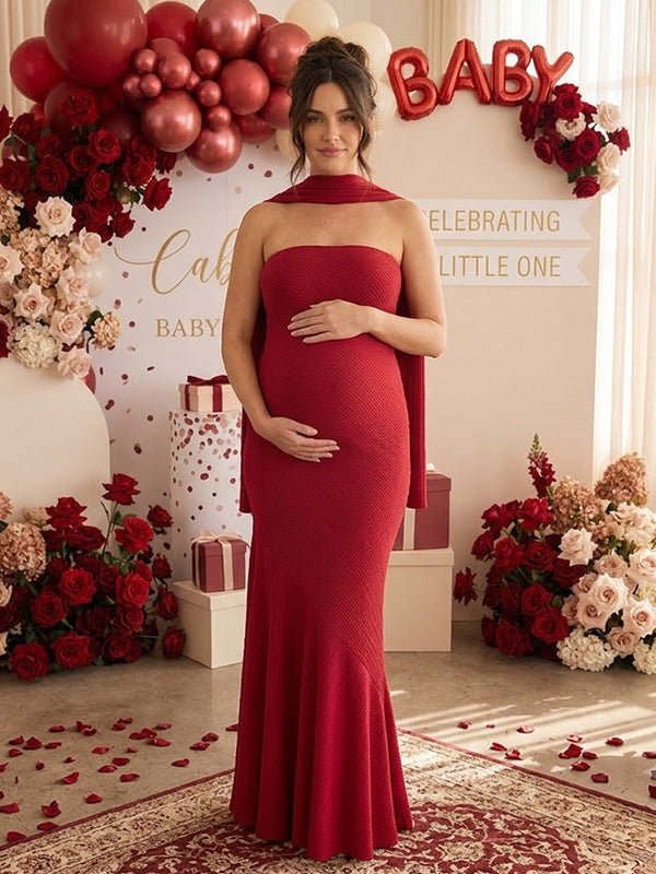 Momyknows Red High Waisted Open Back Bodycon Mermaid Ruched Maternity Baby Shower Maxi Dress