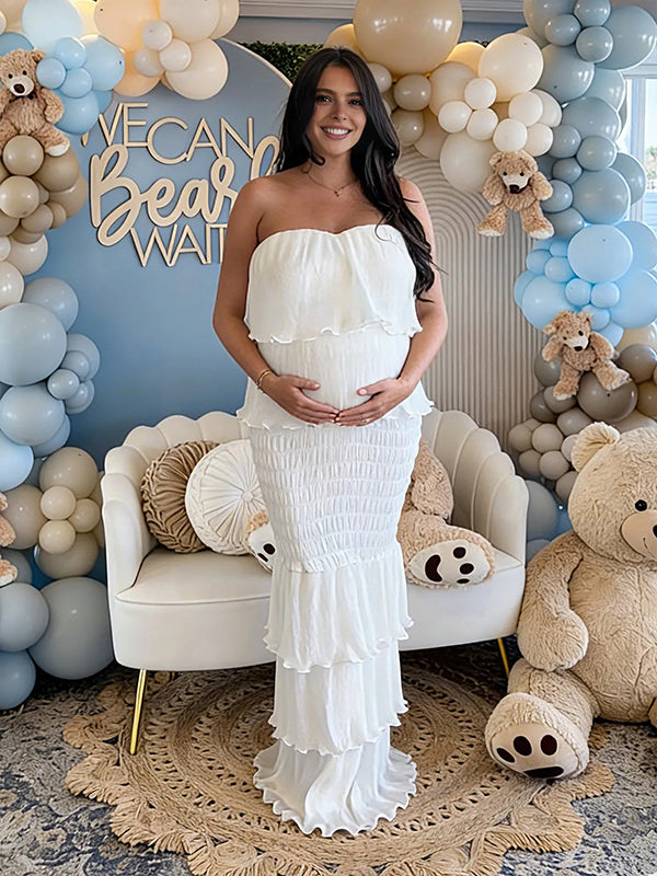 maternity ruffle maxi dress Momyknows White Cascading Ruffle Peplum Mermaid Photoshoot Maternity Maxi Dress White / XXL