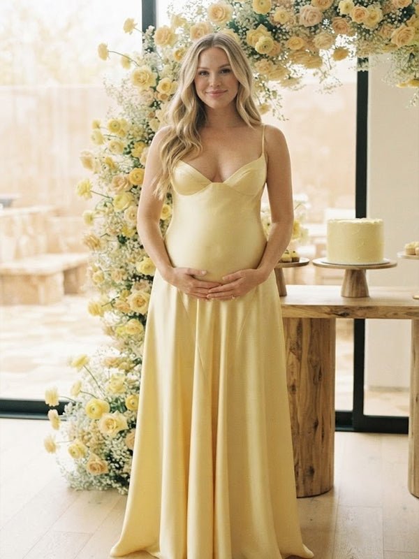 Momyknows Yellow Deep V Spaghetti Strap Lace Up Backless Maternity Baby Shower Maxi Dress
