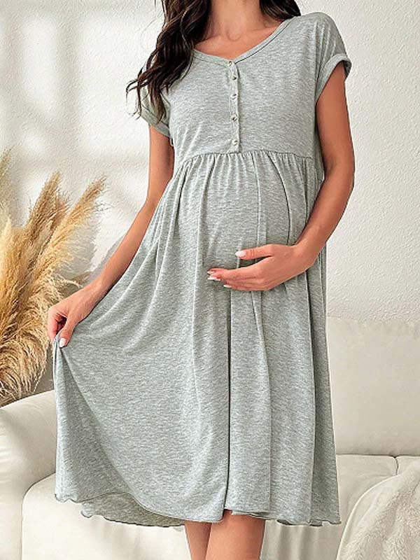 Momyknows Single Breasted Buttons A-line Breastfeeding Home Maternity Nursing Midi Dress