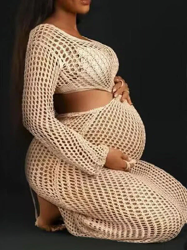 Momyknows Apricot Knit Coverup Dress Mesh Bodycon Beach Hollow Out Midi Crochet Maternity Cut Out Dress
