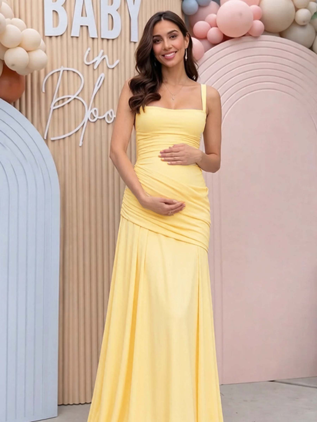 Momyknows Ruffle Backless Tie Back Baby Shower Maternity Maxi Dress