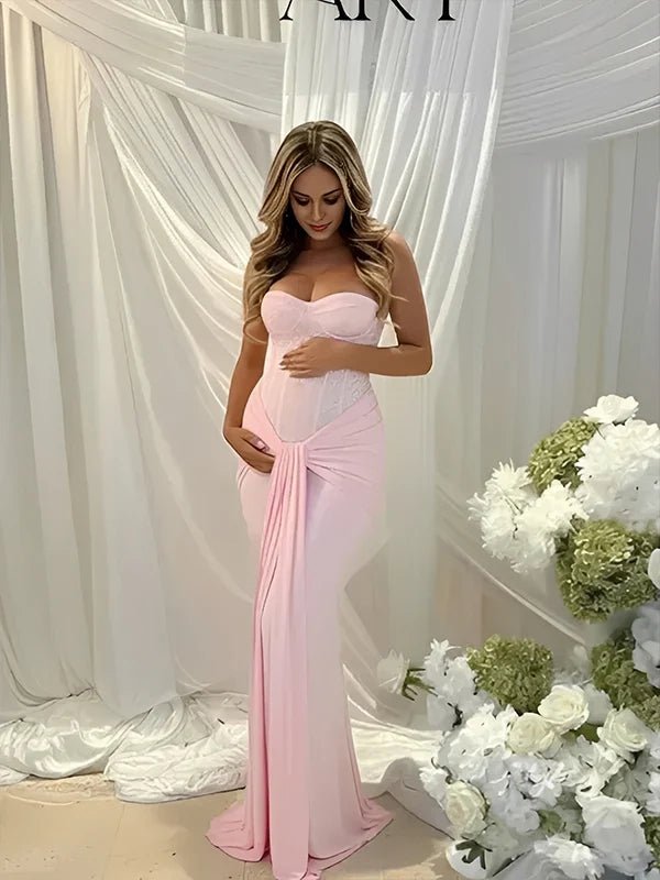 Momyknows Sequin Bandeau Ruched Knot Draped Bodycon Maternity Maxi Dress, Pink / L