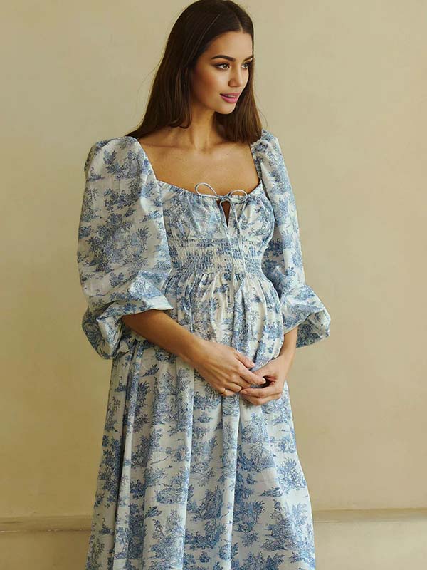 Momyknows Floral Smocked Lace-Up Off Shoulder A-line Maternity Maxi Dress