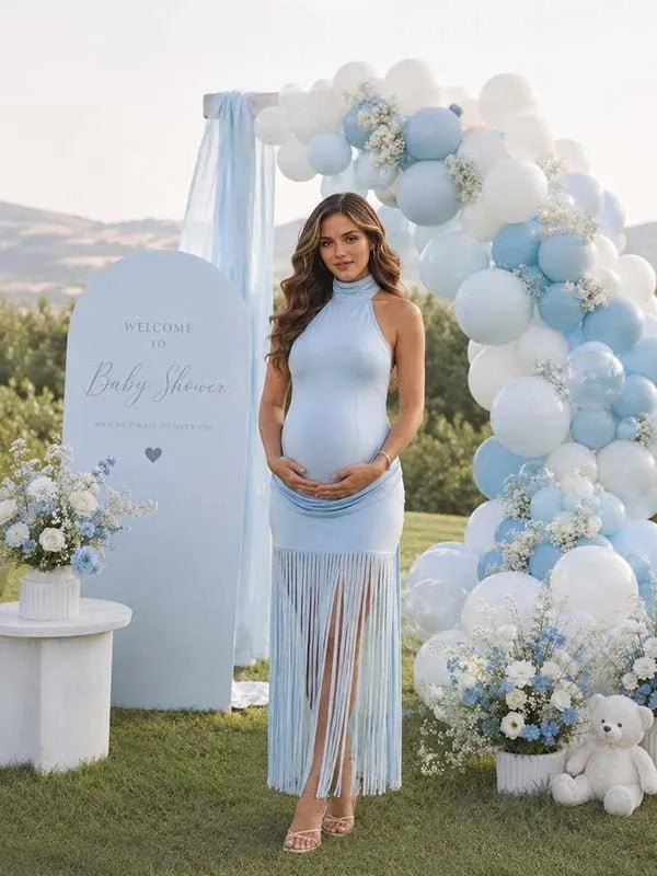 blue maternity baby shower dress Momyknows Sky Ruffle Tassel Halter Neck Lace-up Backless Maxi Knee(38 Size:L- Pls see size chart Earrings Muriel Maternity Dress Ditsy