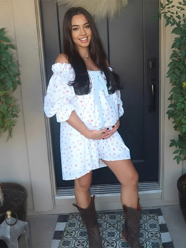 cute maternity fall dresses Momyknows White Floral Bow Puff Sleeve Cute Baby Shower Maternity Mini Dress White / M