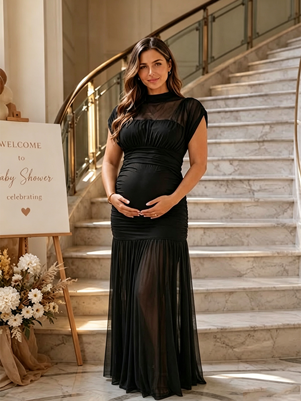 black flowy maternity dress Momyknows Chic Mesh Ruched Bodycon Transparent Patchwork Baby Shower Maxi cream mini dress