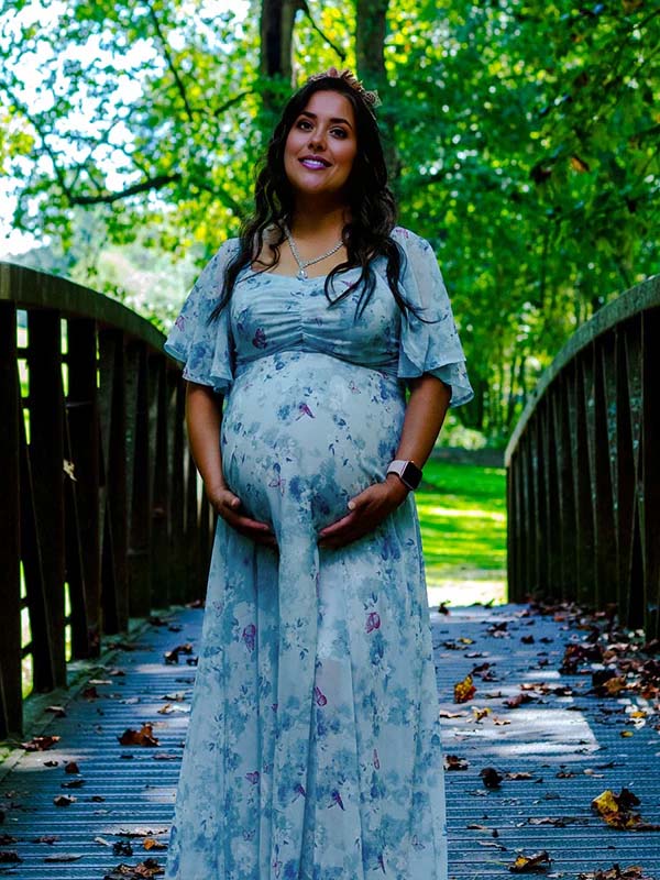 Momyknows Ruched Flutter Sleeve Print Maternity Photoshoot Maxi Dress