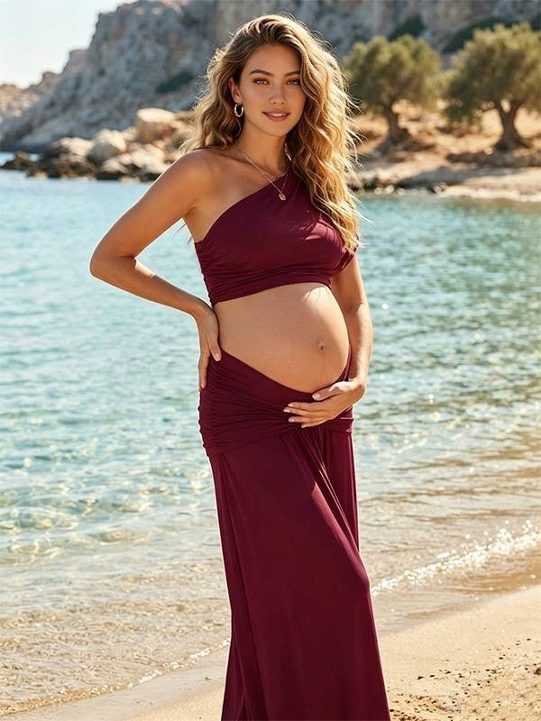 Momyknows 2 Piece One Shoulder Bodycon Splicing Ruched Open Back Photoshoot Maternity Maxi Dress