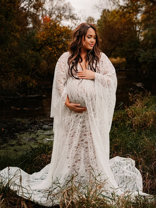 White Floral Lace Backless Boho Maternity Maxi Dress