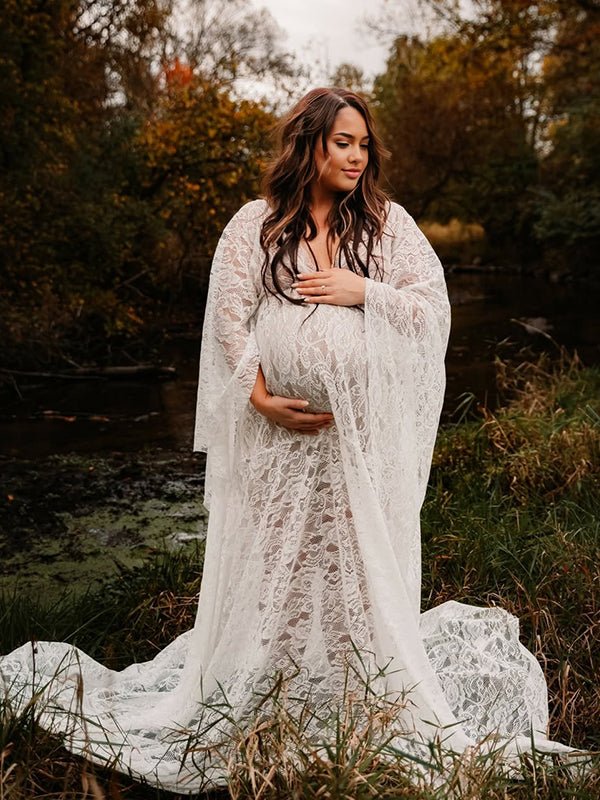 White Floral Lace Backless Boho Maternity Maxi Dress, White / XL